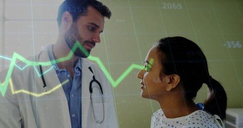 Doctor Consulting Patient with Health Data Overlay and Monitoring Graph for Telemedicine Use