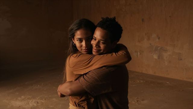 Intimate couple embracing in warm minimalist room with textured peeling plaster backdrop