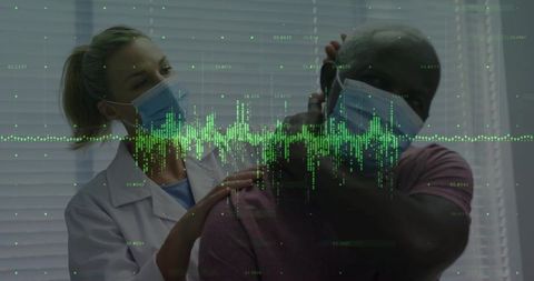 Doctor Adjusting Patient's Mask with Diagnostic Waveform Overlay