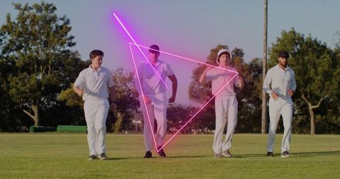 Cricket teammates jogging on outfield with neon geometric overlay at golden hour