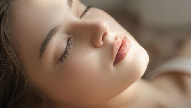 Close-up serene young woman sleeping on pillow with soft light and natural skin