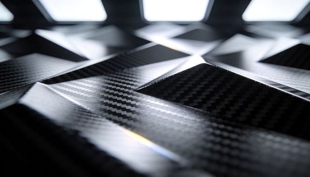 Glossy carbon fiber pyramid tiles reflecting studio light for high-tech design