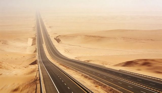 Stretching desert highway vanishing into hazy horizon with sand dunes and guardrails