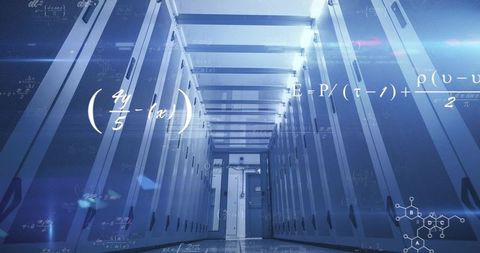 Modern datacenter aisle with superimposed mathematical formulas