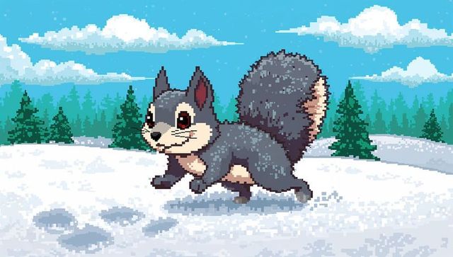 Pixel-art gray squirrel running across snowy forest with fluffy tail