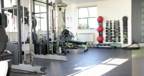 Sunlit modern gym interior showcasing squat rack, cable machine, bench and free weights