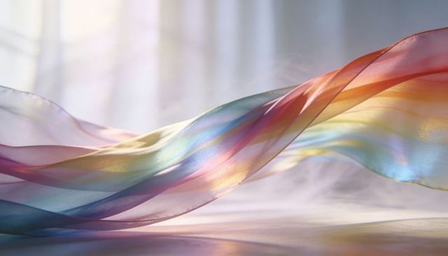 Drifting pastel chiffon ribbon catching light over reflective iridescent surface