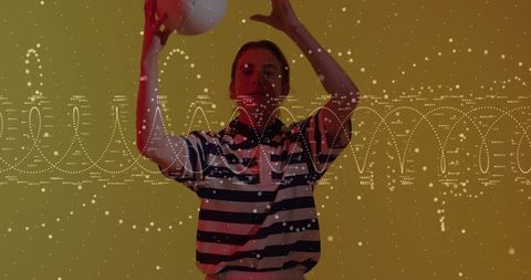 Woman With Raised Ball Amidst Digital Waves in Modern Studio