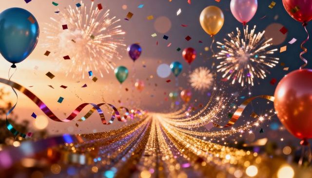 Glittering golden pathway stretching to horizon with balloons, fireworks and confetti at dusk