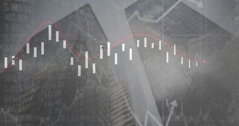 Overlaying candlestick market chart over city skyline with red moving average trend line