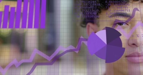 Young professional studying purple data visualization dashboard with charts, pie trend
