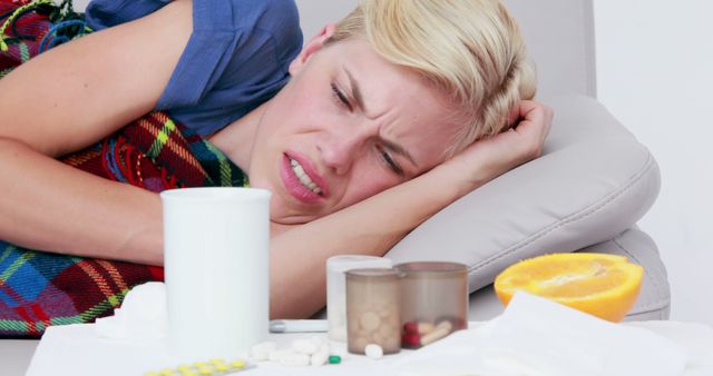 A young Caucasian woman appears to be unwell, lying down with medications and tissues nearby, with copy space. Her expression and the items suggest she may be experiencing symptoms of illness, such as a cold or flu.