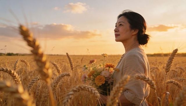 Woman holding wildflower bouquet in golden wheat field at sunset, contemplative portrait