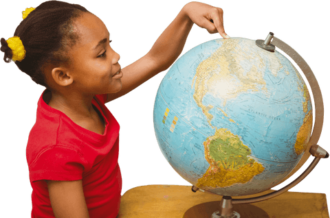 Smiling girl exploring globe on transparent background