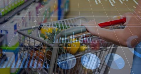 Retail shopper pushing cart with fresh produce while digital analytics overlay visualizing consumer