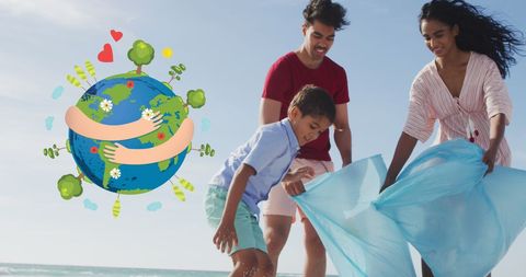 Family beach cleanup with eco-friendly logo overlay