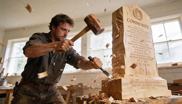 Skilled woodworker chiseling community monument from solid wood using mallet
