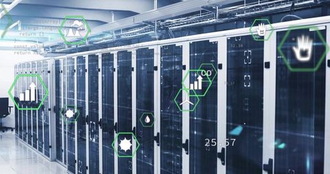 Modern data center with futuristic interface icons