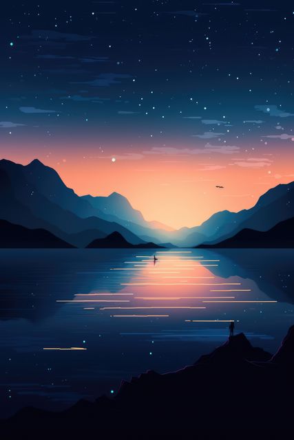 Depicts serene sunset with starry sky over mountain lake reflected on water. Ideal for wall art, desktop backgrounds, meditation visuals, and travel inspirations portraying tranquility of nature.