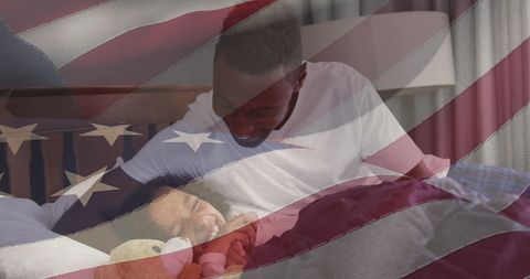Father reading to child with usa flag overlay