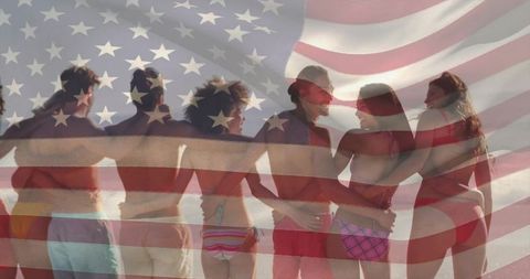 Summer Beach Friendship with Patriotic American Flag Overlay