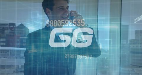 Caucasian entrepreneur embracing 6g technology with smartphone