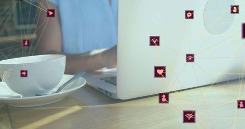 Remote Work in Coffee Shop: Woman Typing on Laptop with Network and Connectivity Icons