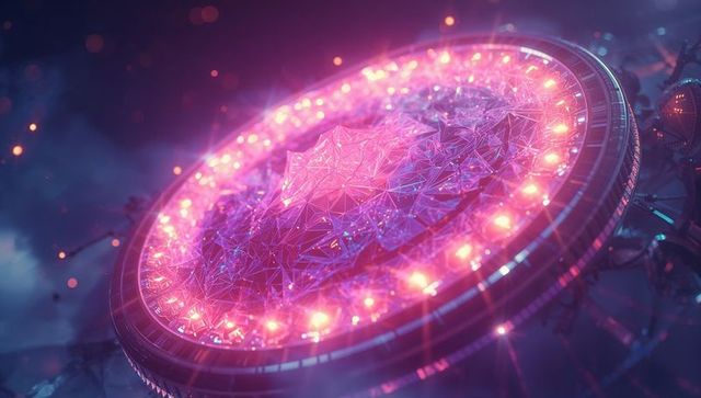 Futuristic neon pulsing disc in starship chamber with crystalline design