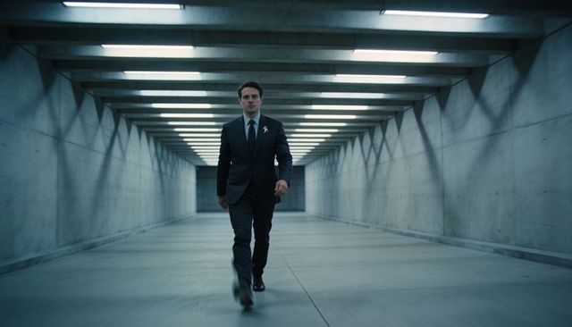 Confident executive striding through modern concrete corridor with dramatic perspective