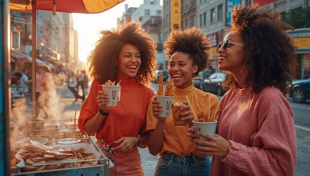 Three friends laughing at street food cart enjoying fries and drinks during golden hour
