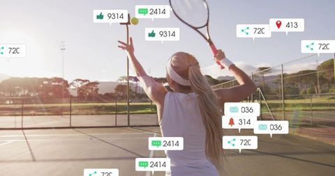 Woman tennis player on court with digital social media icons