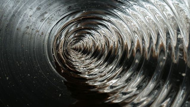 Reflective ribbed spiral tube receding into dark void with dusty grooves