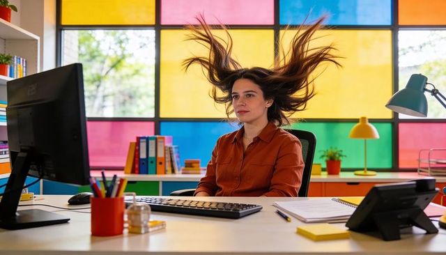 Woman experiencing windblown hair at colorful modern office desk while working on computer