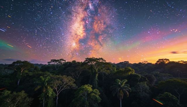 Milky way core rising over lush tropical rainforest canopy with palm silhouettes and vivid starfield