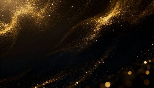 Flowing gold particle ribbons on black background with glitter bokeh and shimmering dust