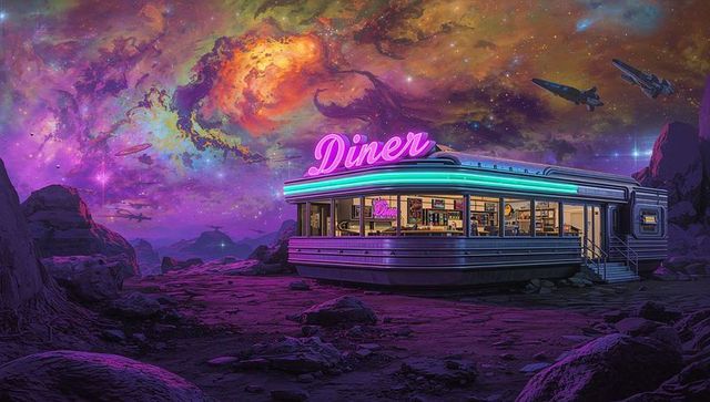 Futuristic neon diner under stunning nebula sky