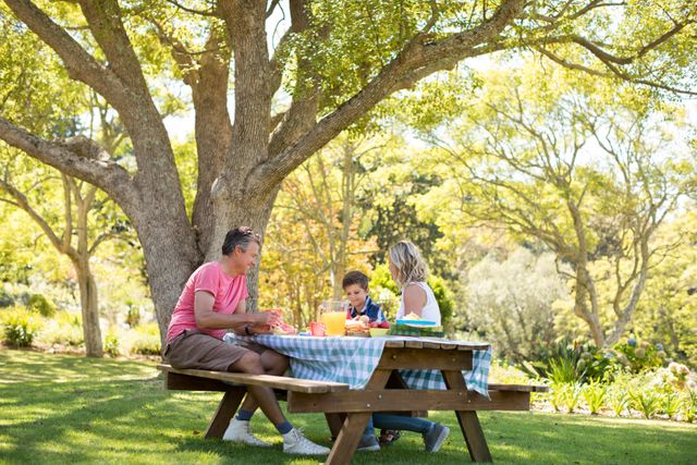 Family sitting at picnic table under a large tree, enjoying a meal on a sunny day. Perfect for themes of family bonding, outdoor activities, and summer leisure. Ideal for use in promotional material for parks, recreational areas, or family-oriented products.