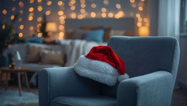 Santa hat on gray armchair in cozy living room with holiday bokeh lights