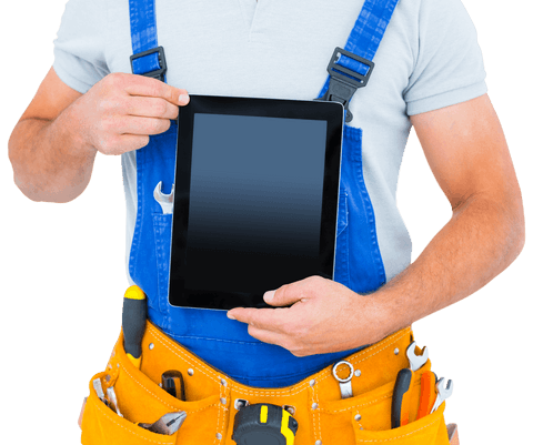 Transparent repairman displaying blank tablet screen