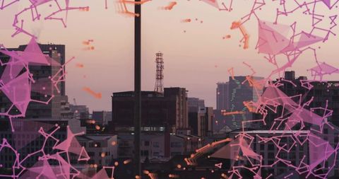 Urban rooftop skyline glowing at dusk with neon geometric network overlay