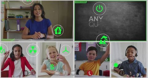 Female teacher leading interactive virtual classroom with chalkboard energy icons