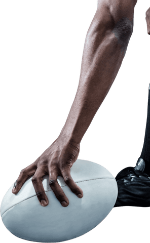 Transparent close-up of athlete's hand holding rugby ball