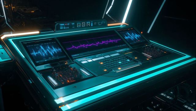 Futuristic control console with digital graphs in sci-fi cockpit