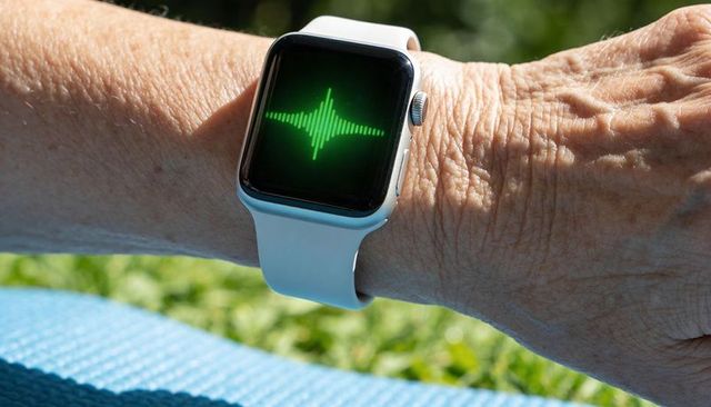 Senior wearing smartwatch with green heartbeat waveform on wrist outdoors by yoga mat