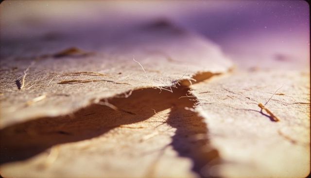 Macro torn fibrous paper revealing frayed edge and shadow for warm textured background