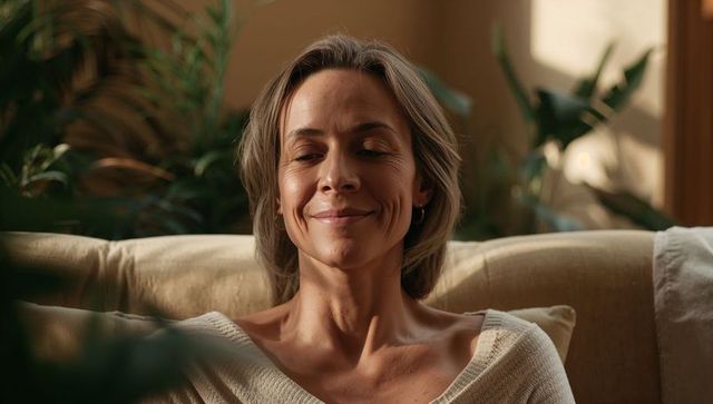 Mature woman relaxing on sunlit couch among houseplants, serene cozy lifestyle portrait