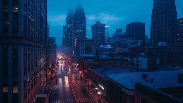 Downtown wet avenue reflecting neon light trails at twilight, moody rain-soaked cityscape