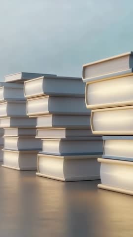 Vertical panning video revealing minimalist hardcover book stacks on glossy table