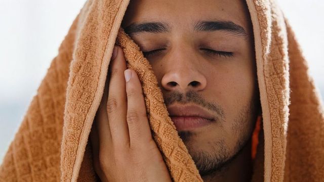 Relaxing man drying face with soft orange towel closeup portrait grooming moment
