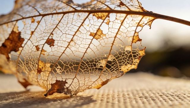 Skeletal leaf macro showing intricate venation lacework on burlap with golden sunlight